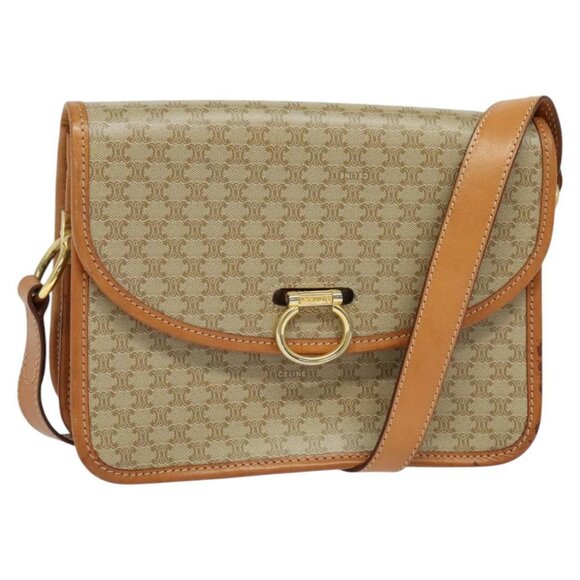 CELINE Macadam Canvas Shoulder Bag Beige Gold Auth JB008 - Picture 1 of 16
